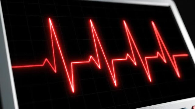 A close-up view of a red glowing heart rate monitor display showing a regular electrocardiogram (ECG) waveform on a dark screen, indicating vital signs.