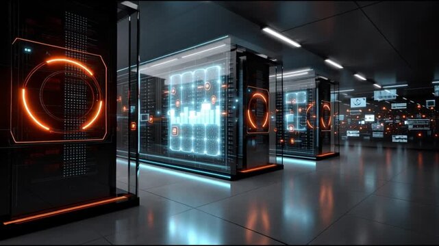 HPC + AI. High-Performance Computing. Artificial Intelligence. GPU computing. Inference engine. Bioinformatics. A futuristic data center with illuminated server racks and digital interfaces.