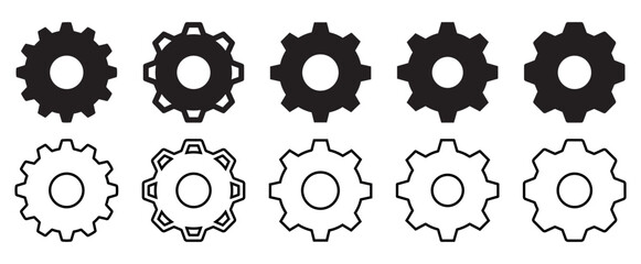 Collection of ten different black and white gear icons with varying tooth designs and styles isolated on transparent background
