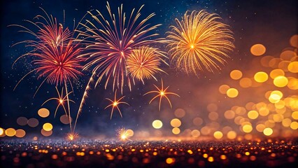 Colorful fireworks exploding in night sky with glowing lights and bokeh effects, high resolution digital art with cinematic lighting and stunning visual details
