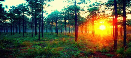 Colorful sunrise in a pine forest, vibrant hues