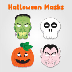 Set of cartoon Halloween masks including Frankenstein, skull, pumpkin, and vampire.