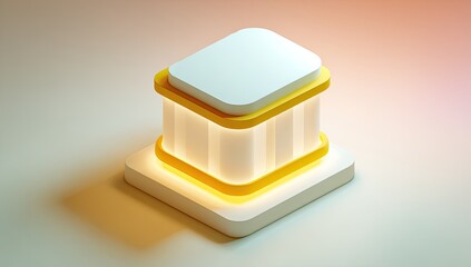 3D isometric podium, white, yellow accents, glowing light