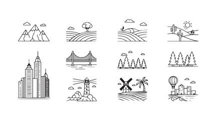 Collection of hand drawn cityscapes landscapes and nature elements silhouette