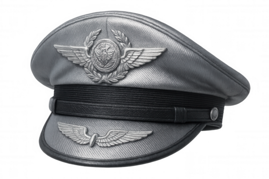Silver pilot cap with wings emblem, displaying professional aviation aesthetic on clean transparent backdrop