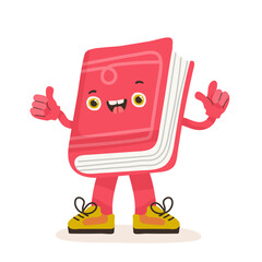 Pink book character with face, legs and hands, waving, doodle vector illustration for kids and baby design, white background.