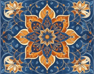 Ornate floral mandala pattern in blue and orange