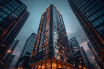 Modern skyscraper with warm light shining from its windows