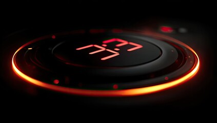 Close-up of a futuristic digital display. A circular, dark-colored, button-like interface shows a red digital display. Bright orange glow highlights the outer edge. Time is shown. Dark background