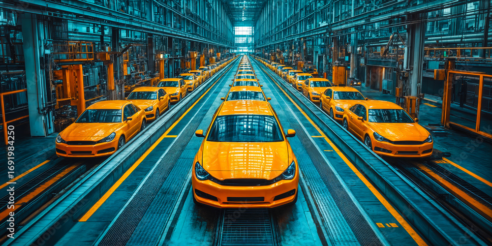 Poster automobile manufacturing process in automated industrial assembly line with multiple yellow cars in 
