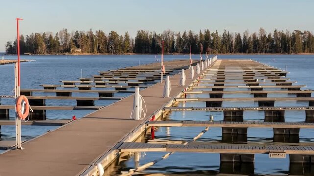 Sea marina in spring, finger piers in a calm sea, empty marina harbor , start of sailing season in Finland, Suomenoja, harbor facilities electricity, water