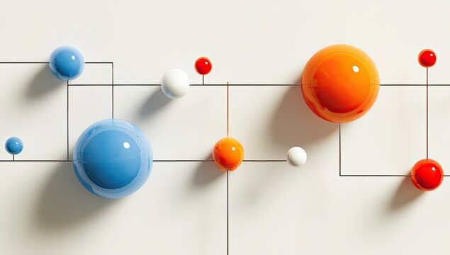 Colorful spheres connected by lines on a white background