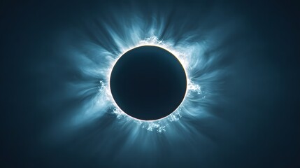 Total solar eclipse with bright corona displaying radial light streams against a dark blue sky