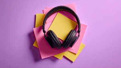 Black headphones rest atop a stack of colorful sticky notes on a vibrant purple background