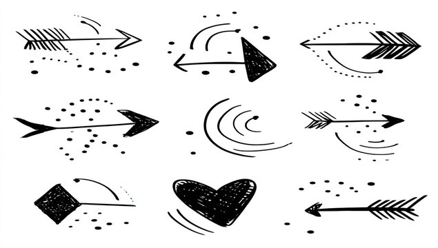 Nine stylized black arrows and design elements on white background