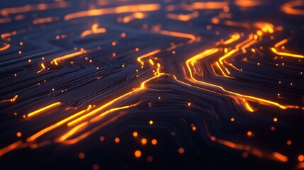 Futuristic circuit board texture in neon orange and black tones. Modern 2000s style with glowing lines, tech aesthetics. Digital art, banners, web backgrounds, tech visuals.