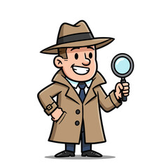 Smiling cartoon detective in brown trench coat and fedora, holding a magnifying glass with confident pose.