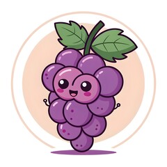 Adorable Chibi Grape Bunch Hugging Itself Happily, Cute Kawaii Fruit Cartoon Character with Sweet Smile, Playful Healthy Food Illustration Full of Whimsical Charm and Joy