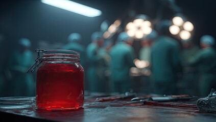 A glass jar of crimson liquid sits on a stained table in a dimly lit operating room, with blurry figures in teal scrubs in the background