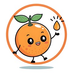 Adorable Chibi Orange Playfully Tossing a Juice Drop, Cute Kawaii Citrus Fruit Cartoon Character with Happy Smile, Fun Healthy Food Illustration Full of Whimsical Charm and Joy