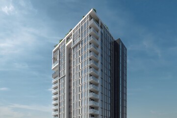 Obraz premium Tall residential tower with glass balconies against a clear sky