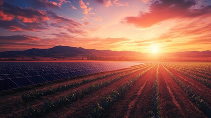 Sun setting over field, rows of crops and solar panels, mountain backdrop, vibrant sunset