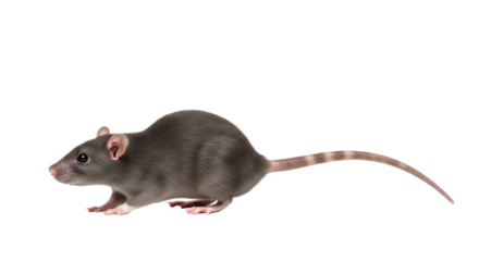 Young adult charcoal grey *Rattus norvegicus* rat with pink paws, walking on a transparent seamless studio background with copy space, high-key lighting, isolated scientific study concept