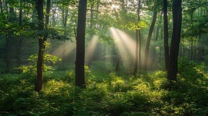 Fototapeta premium Sunbeams pierce through a lush, green forest, illuminating trees and foliage