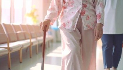 病院内を杖をついて歩くシニア女性　高齢者の通院やリハビリ、デイサービスのイメージ