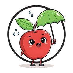 Adorable Chibi Apple Smiling While Holding a Leaf Umbrella, Cute Kawaii Fruit Cartoon Character with Happy Face, Playful Healthy Food Illustration Full of Whimsy and Charm
