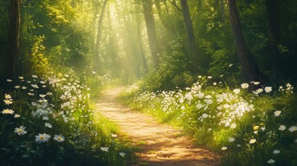 Sunlight streams through trees, illuminating a path lined with daisies in a peaceful forest