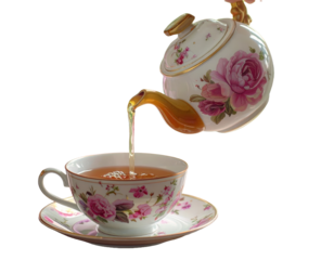 Floral teapot pouring hot tea into a cup