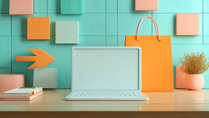 Pastel-toned workspace with laptop and shopping bag