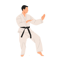 Vector illustration of a karate fighter wearing a white gi and black belt in fighting stance. Perfect for martial arts design, sports education, combat training, and self-defense concepts.