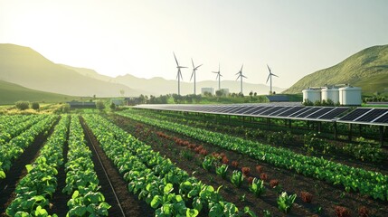 Sunlit farmland with solar panels and wind turbines in a valley at sunrise, showcasing sustainable energy production integrated with agriculture