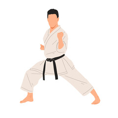 Vector illustration of a karate fighter wearing a white gi and black belt in fighting stance. Perfect for martial arts design, sports education, combat training, and self-defense concepts.