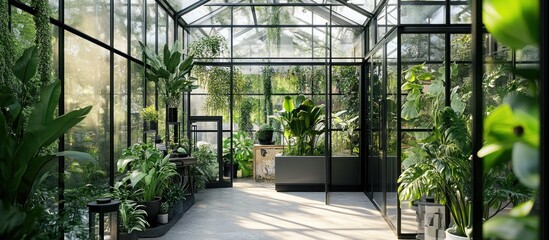 Sunlit greenhouse interior filled with lush, diverse tropical and other plants in various pots and containers, showcasing a modern glass and metal structure with a light-grey floor