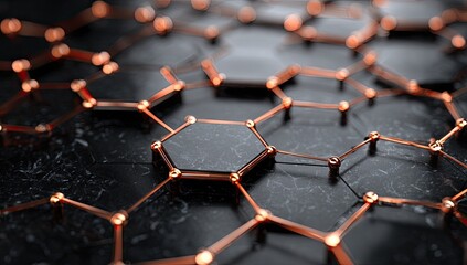Close-up view of a dark, honeycomb-like structure. Copper-colored connectors link hexagonal shapes, set against a textured, dark background