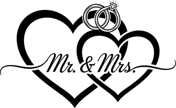 Elegant mr. & mrs. hearts design with wedding rings for romantic celebrations vector silhouette