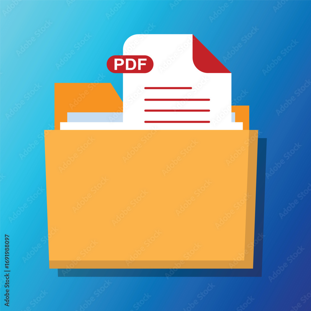 Fototapete open folder icon with pdf file inside. folder with documents on a blue background. flat design. vect