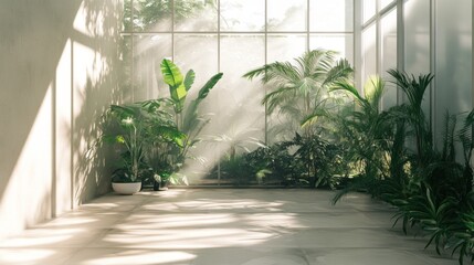 Sunlit interior space with various potted tropical plants, positioned near a large glass window, casting shadows on the light-colored floor and walls.  A hazy, atmospheric effect is present