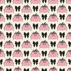 Seamless Halloween pattern with pink pumpkins and coquette bows. Vector