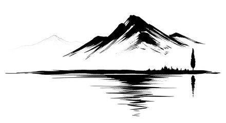 Abstract Japanese mountain ridge with pine trees and a lake ink wash in black and white watercolor texture with transparent background