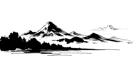 Artistic Japanese mountains painting style in monochrome watercolor with transparent background