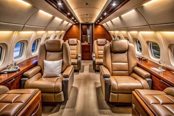 Luxurious private jet cabin interior featuring plush leather seats, rich wood paneling, and soft ambient lighting, creating an elegant, luxury, exclusive, and comfortable atmosphere for elite travel
