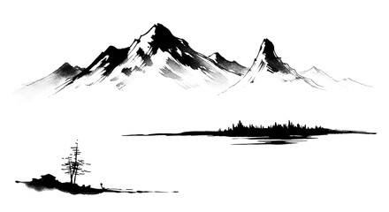 Elegant Japanese inspired mountains painting in black watercolor on transparent background