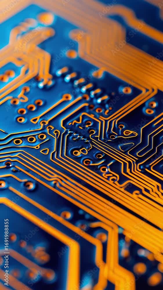 Poster blue circuit board with glowing orange pathways and connections, showing intricate electronic detail