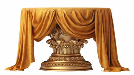 Elegant Golden Table with Draped Cloth and Ornate Base Design