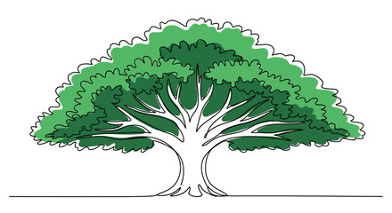 Single continuous line drawing of a broadleaf tree isolated on white background