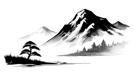 Expressive Japanese ink wash watercolor Mountain painting in black and white with transparent background